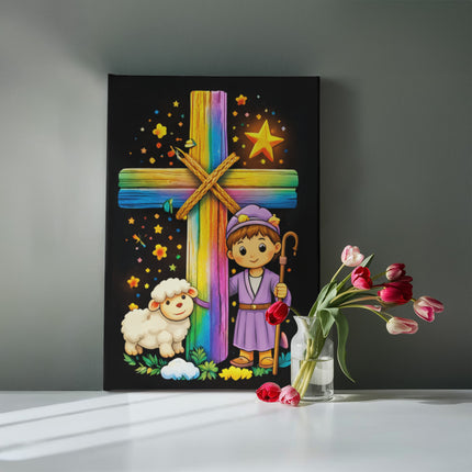 Rainbow Cross Little Shepherd | Christian Gallery Wrapped Canvas | Gift for Kids
