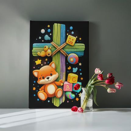Rainbow Cross Little Fox | Christian Gallery Wrapped Canvas | Gift for Kids