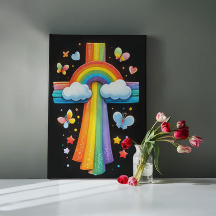 Rainbow Cross Butterfly | Christian Gallery Wrapped Canvas | Gift for Kids