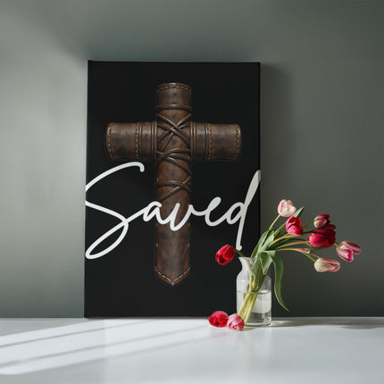Saved Leather Cross Canvas Wall Art – Christian Gift for Men