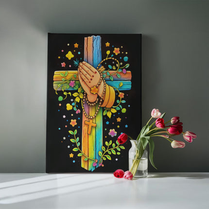 Rainbow Cross Praying Hands | Christian Gallery Wrapped Canvas | Gift for Kids