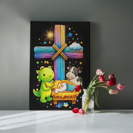 Rainbow Cross Frog And Cow | Christian Gallery Wrapped Canvas | Gift for Kids