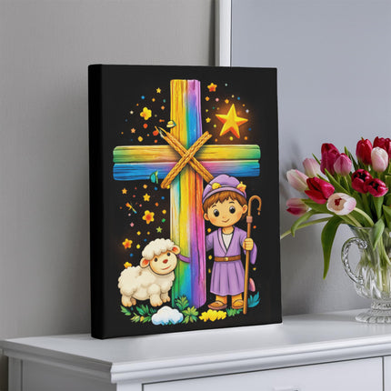 Rainbow Cross Little Shepherd | Christian Gallery Wrapped Canvas | Gift for Kids
