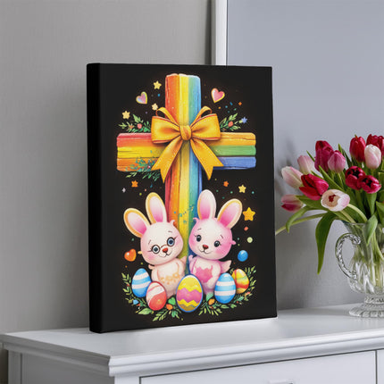 Rainbow Cross Bunnies | Christian Gallery Wrapped Canvas | Gift for Kids