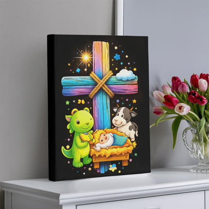 Rainbow Cross Frog And Cow | Christian Gallery Wrapped Canvas | Gift for Kids