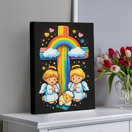 Rainbow Cross Cherub Angels | Christian Gallery Wrapped Canvas | Gift for Kids