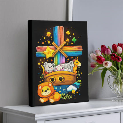 Rainbow Cross Noahs Ark | Christian Gallery Wrapped Canvas | Gift for Kids