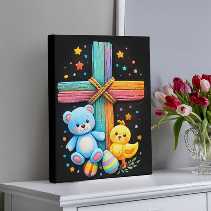 Rainbow Cross Teddy Bear | Christian Gallery Wrapped Canvas | Gift for Kids