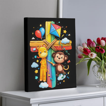 Rainbow Cross Jungle Animals | Christian Gallery Wrapped Canvas | Gift for Kids