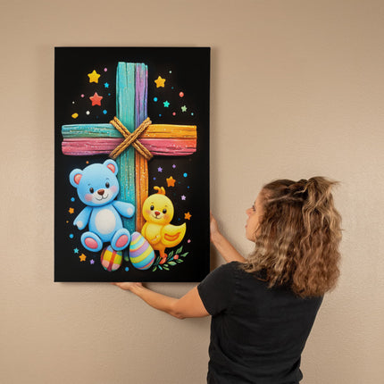 Rainbow Cross Teddy Bear | Christian Gallery Wrapped Canvas | Gift for Kids