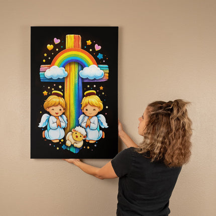 Rainbow Cross Cherub Angels | Christian Gallery Wrapped Canvas | Gift for Kids