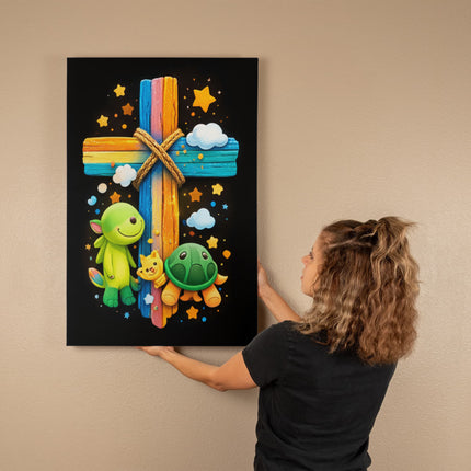 Rainbow Cross Turtle | Christian Gallery Wrapped Canvas | Gift for Kids