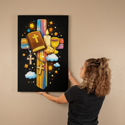 Rainbow Cross Bible And Cross | Christian Gallery Wrapped Canvas | Gift for Kids