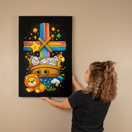Rainbow Cross Noahs Ark | Christian Gallery Wrapped Canvas | Gift for Kids