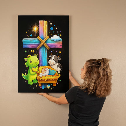 Rainbow Cross Frog And Cow | Christian Gallery Wrapped Canvas | Gift for Kids