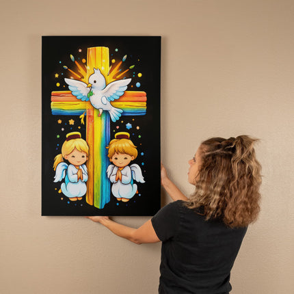 Rainbow Cross Angels And Dove | Christian Gallery Wrapped Canvas | Gift for Kids