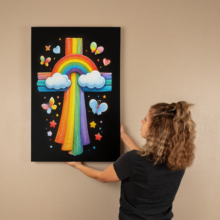 Rainbow Cross Butterfly | Christian Gallery Wrapped Canvas | Gift for Kids
