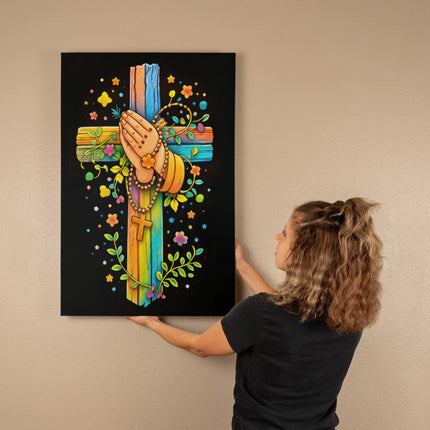 Rainbow Cross Praying Hands | Christian Gallery Wrapped Canvas | Gift for Kids