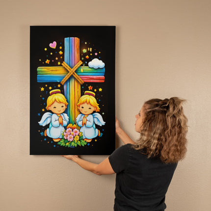 Rainbow Cross Angel Twins | Christian Gallery Wrapped Canvas | Gift for Kids