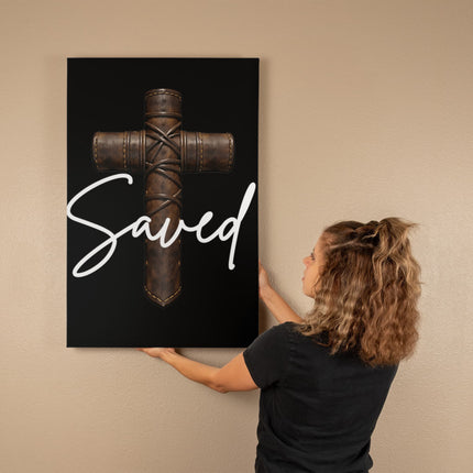 Saved Leather Cross Canvas Wall Art – Christian Gift for Men