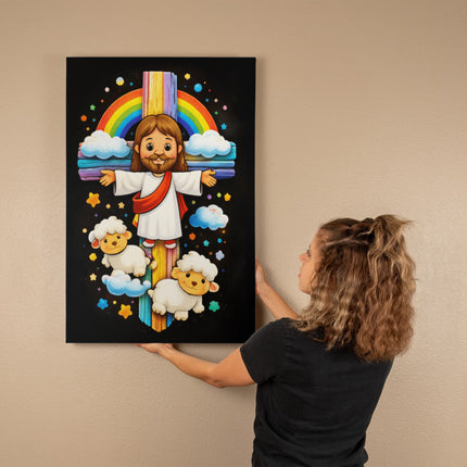 Rainbow Cross Jesus And Lamb | Christian Gallery Wrapped Canvas | Gift for Kids