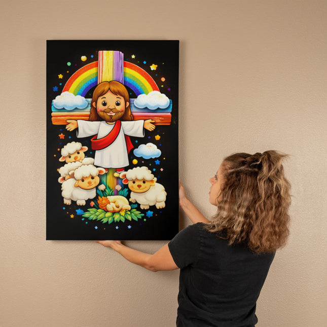 Jesus And Little Lambs | Christian Gallery Wrapped Canvas | Gift for Kids