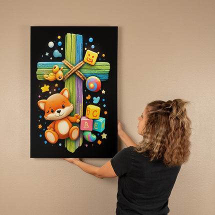 Rainbow Cross Little Fox | Christian Gallery Wrapped Canvas | Gift for Kids