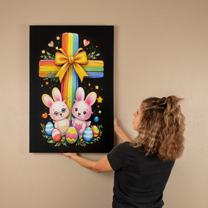Rainbow Cross Bunnies | Christian Gallery Wrapped Canvas | Gift for Kids