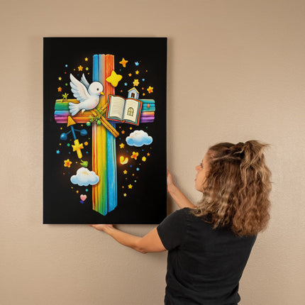 Rainbow Cross Open Bible | Christian Gallery Wrapped Canvas | Gift for Kids