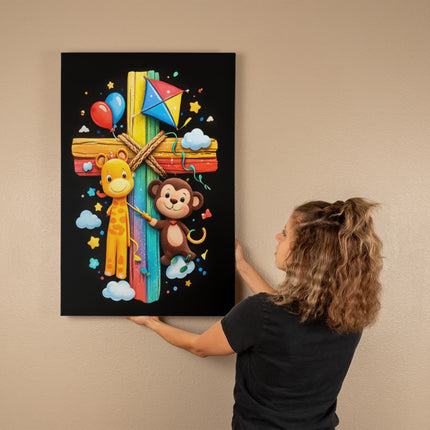 Rainbow Cross Jungle Animals | Christian Gallery Wrapped Canvas | Gift for Kids