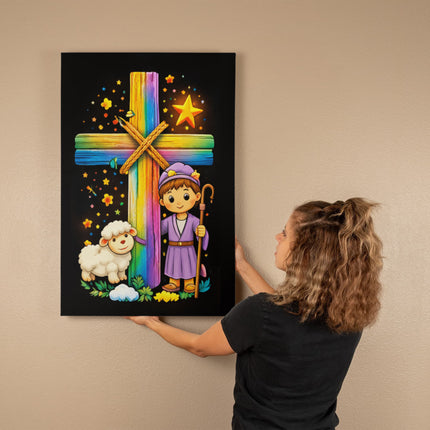 Rainbow Cross Little Shepherd | Christian Gallery Wrapped Canvas | Gift for Kids