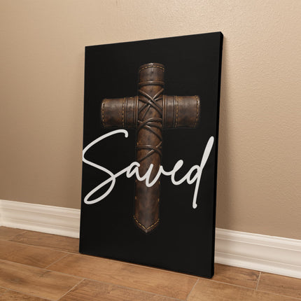 Saved Leather Cross Canvas Wall Art – Christian Gift for Men
