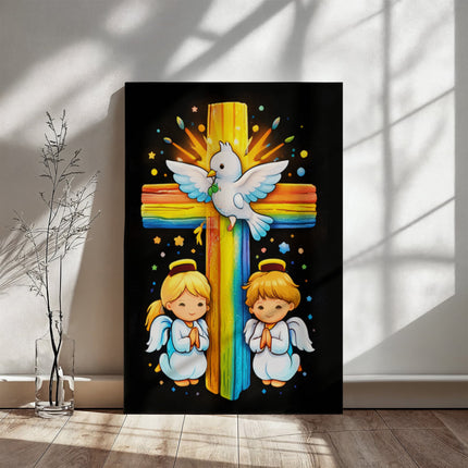 Rainbow Cross Angels And Dove | Christian Gallery Wrapped Canvas | Gift for Kids