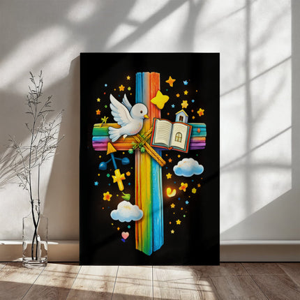 Rainbow Cross Open Bible | Christian Gallery Wrapped Canvas | Gift for Kids