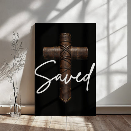 Saved Leather Cross Canvas Wall Art – Christian Gift for Men