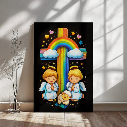 Rainbow Cross Cherub Angels | Christian Gallery Wrapped Canvas | Gift for Kids