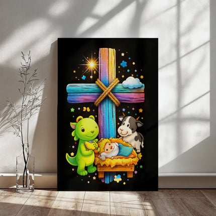 Rainbow Cross Frog And Cow | Christian Gallery Wrapped Canvas | Gift for Kids