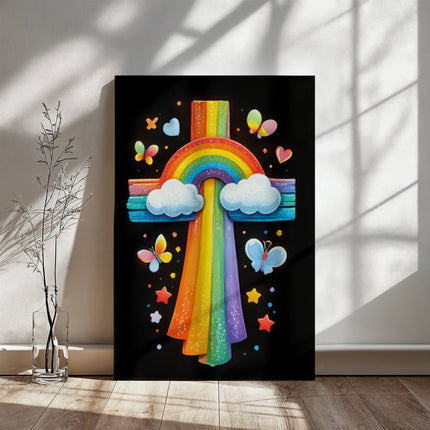 Rainbow Cross Butterfly | Christian Gallery Wrapped Canvas | Gift for Kids