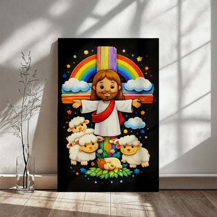 Jesus And Little Lambs | Christian Gallery Wrapped Canvas | Gift for Kids