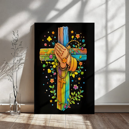 Rainbow Cross Praying Hands | Christian Gallery Wrapped Canvas | Gift for Kids