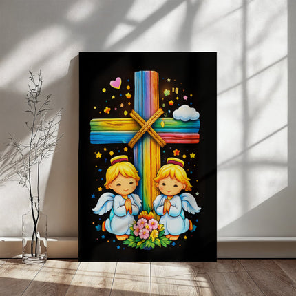 Rainbow Cross Angel Twins | Christian Gallery Wrapped Canvas | Gift for Kids