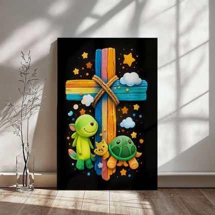 Rainbow Cross Turtle | Christian Gallery Wrapped Canvas | Gift for Kids