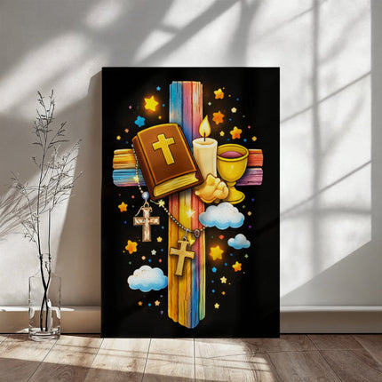 Rainbow Cross Bible And Cross | Christian Gallery Wrapped Canvas | Gift for Kids