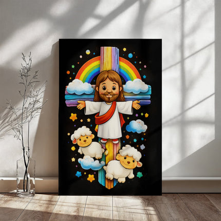 Rainbow Cross Jesus And Lamb | Christian Gallery Wrapped Canvas | Gift for Kids