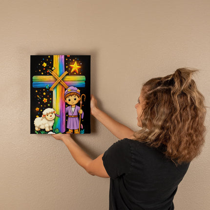Rainbow Cross Little Shepherd | Christian Gallery Wrapped Canvas | Gift for Kids