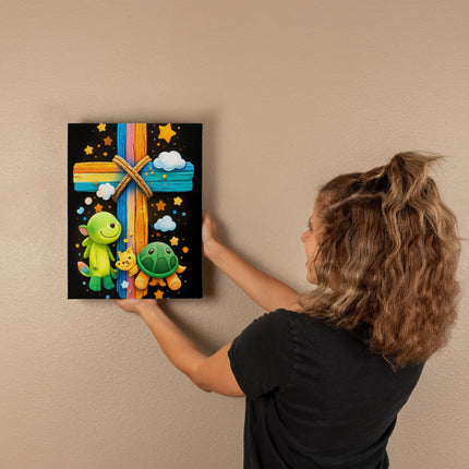 Rainbow Cross Turtle | Christian Gallery Wrapped Canvas | Gift for Kids