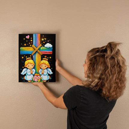 Rainbow Cross Angel Twins | Christian Gallery Wrapped Canvas | Gift for Kids