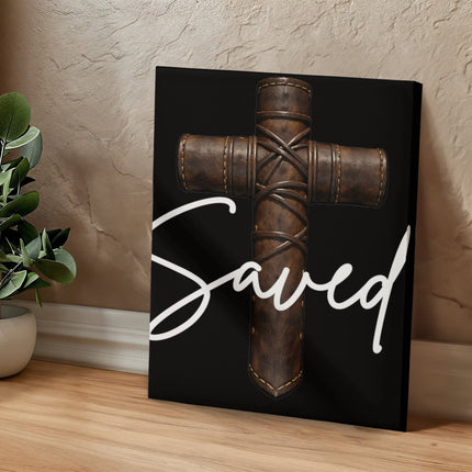 Saved Leather Cross Canvas Wall Art – Christian Gift for Men