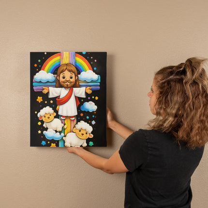 Rainbow Cross Jesus And Lamb | Christian Gallery Wrapped Canvas | Gift for Kids