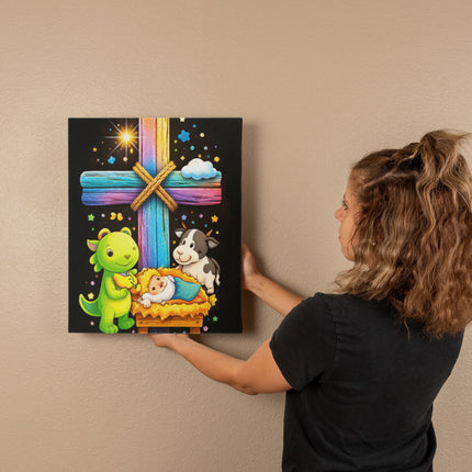 Rainbow Cross Frog And Cow | Christian Gallery Wrapped Canvas | Gift for Kids